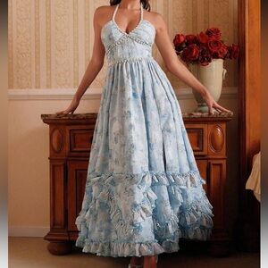 Sleeveless Blue Floral Maxi Dress with Ruffled Hem